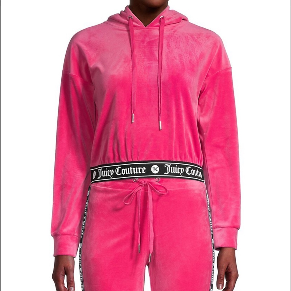 Hot Pink Fuschia Cropped Juicy Couture Womens Logo Hoodie Hooded Sweatshirt L Lg